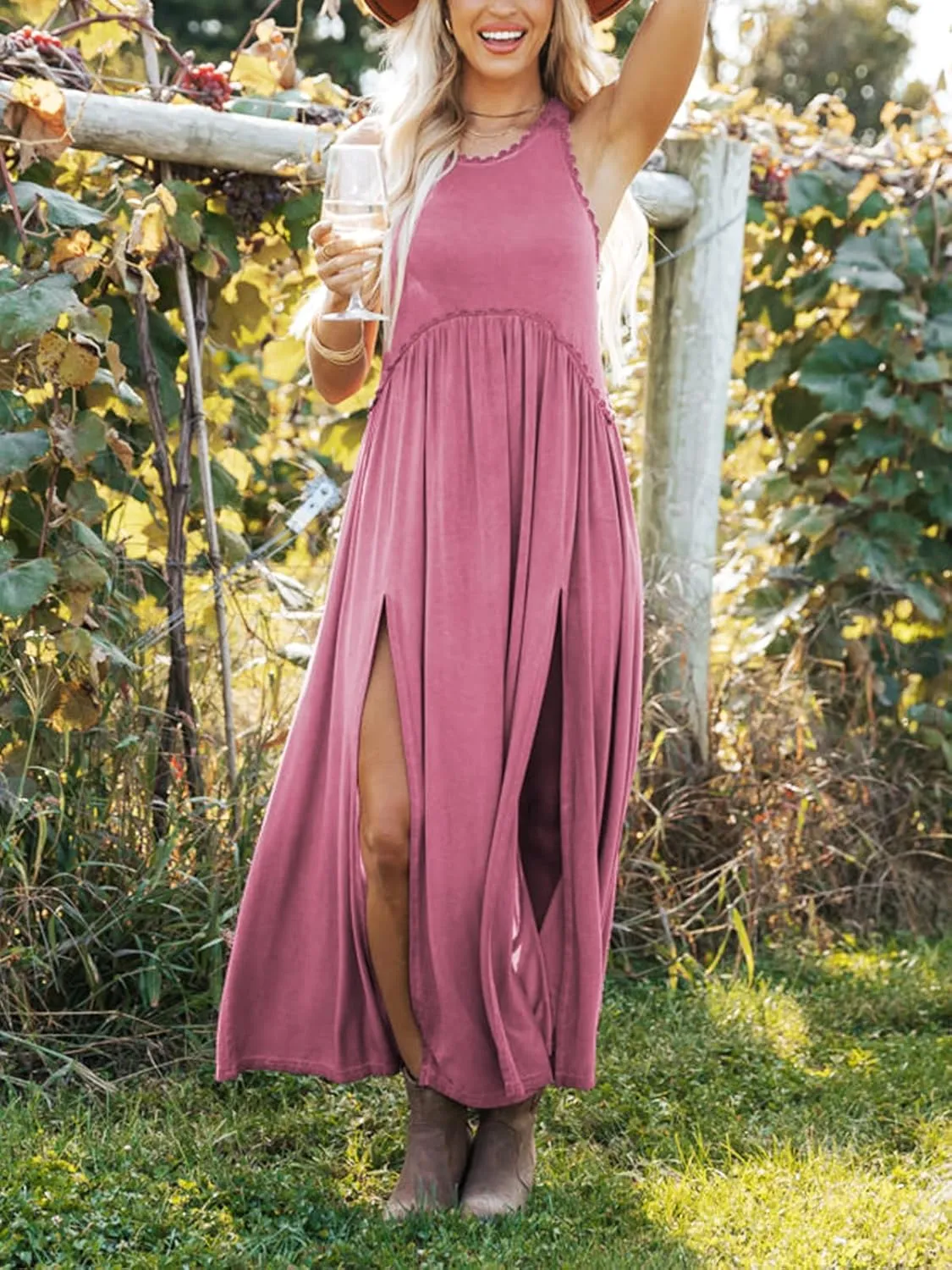 Women's Maxi Dress Summer Sleeveless Crewneck Swing Sundress Casual Loose Long Dresses with Pockets