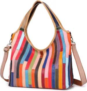Womens Multicoloured Handbag Genuine Leather Purses Colorful Hollow Stitching Shoulder Bag Vintage Tote Satchels