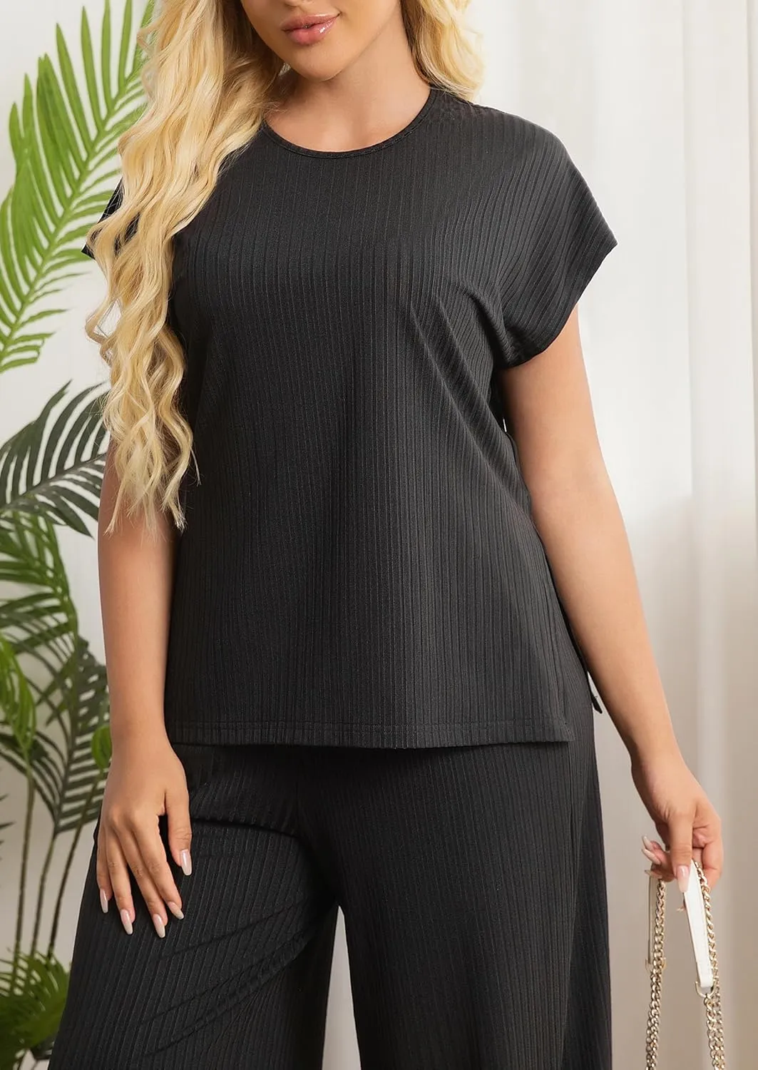 Women's Plus Size 2 Piece Lounge Set Summer Cap Sleeve Top Wide Leg Pants Matching Set Sweatsuits Outfits Tracksuit