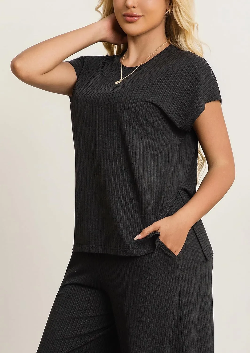 Women's Plus Size 2 Piece Lounge Set Summer Cap Sleeve Top Wide Leg Pants Matching Set Sweatsuits Outfits Tracksuit