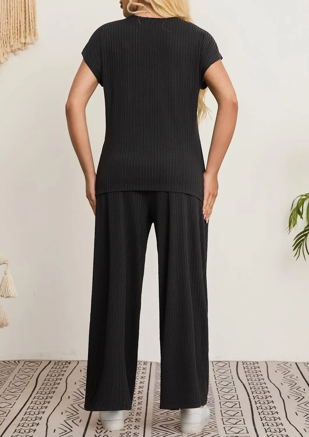 Women's Plus Size 2 Piece Lounge Set Summer Cap Sleeve Top Wide Leg Pants Matching Set Sweatsuits Outfits Tracksuit