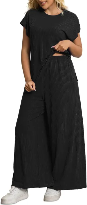 Women's Plus Size 2 Piece Lounge Set Summer Cap Sleeve Top Wide Leg Pants Matching Set Sweatsuits Outfits Tracksuit