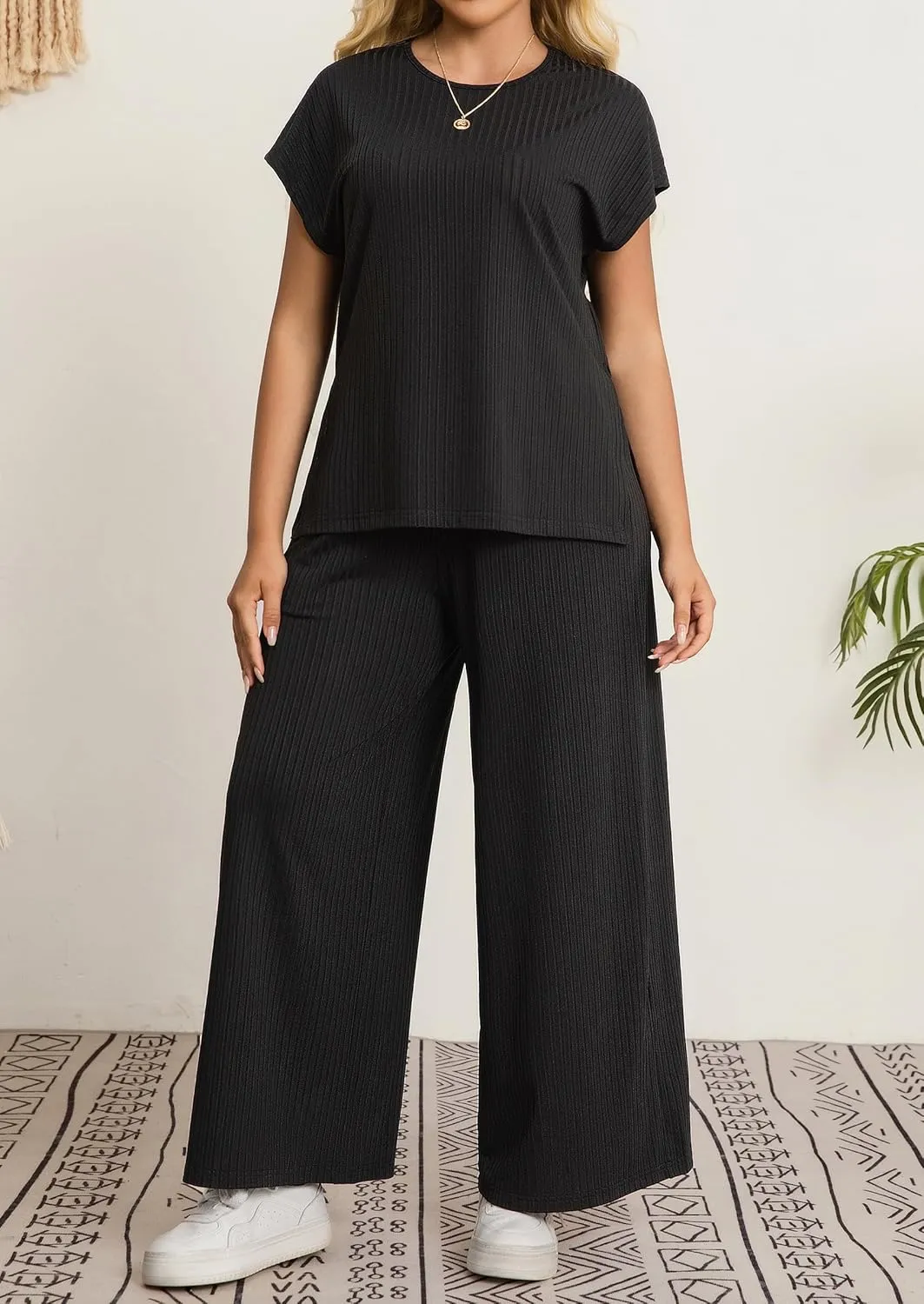 Women's Plus Size 2 Piece Lounge Set Summer Cap Sleeve Top Wide Leg Pants Matching Set Sweatsuits Outfits Tracksuit