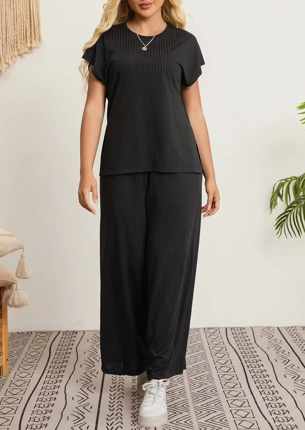 Women's Plus Size 2 Piece Lounge Set Summer Cap Sleeve Top Wide Leg Pants Matching Set Sweatsuits Outfits Tracksuit