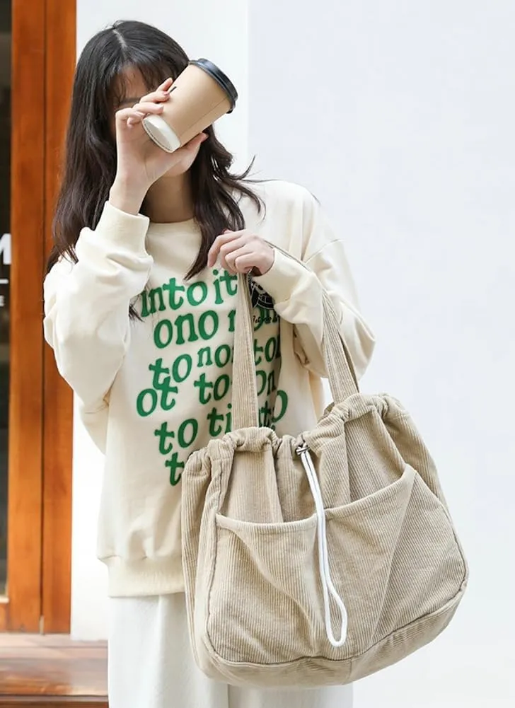 Women's Quilted Hobo Bag Corduroy Shoulder Purse Drawstring Canvas Handbag Large Totes Work Top Handle Bag