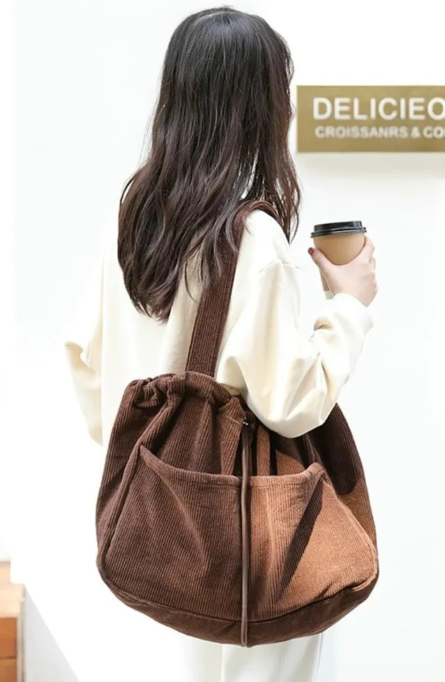 Women's Quilted Hobo Bag Corduroy Shoulder Purse Drawstring Canvas Handbag Large Totes Work Top Handle Bag