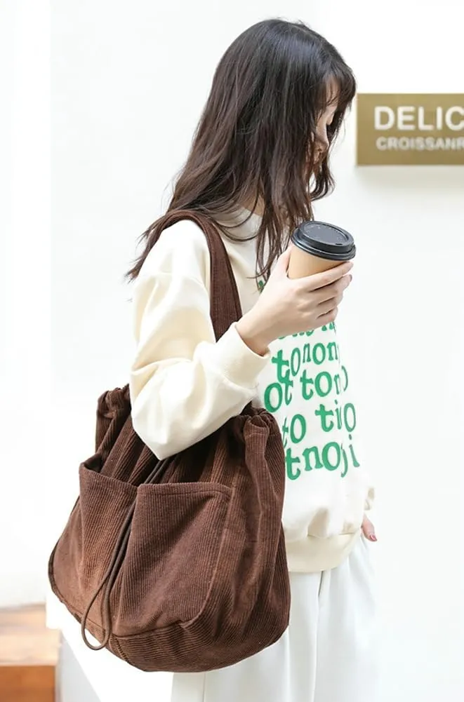 Women's Quilted Hobo Bag Corduroy Shoulder Purse Drawstring Canvas Handbag Large Totes Work Top Handle Bag