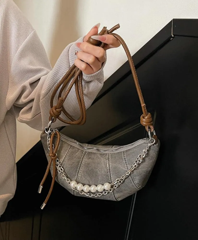 Womens Small Crescent Purse Vegan Leather Crossbody Shoulder Bags Mini Croissant Phone Satchels with Pearl Chain