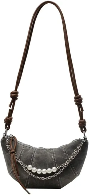 Womens Small Crescent Purse Vegan Leather Crossbody Shoulder Bags Mini Croissant Phone Satchels with Pearl Chain