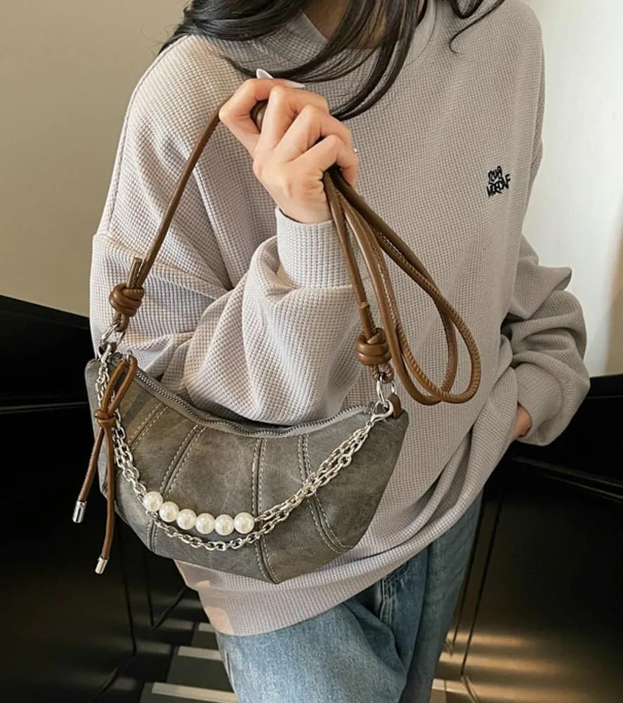 Womens Small Crescent Purse Vegan Leather Crossbody Shoulder Bags Mini Croissant Phone Satchels with Pearl Chain