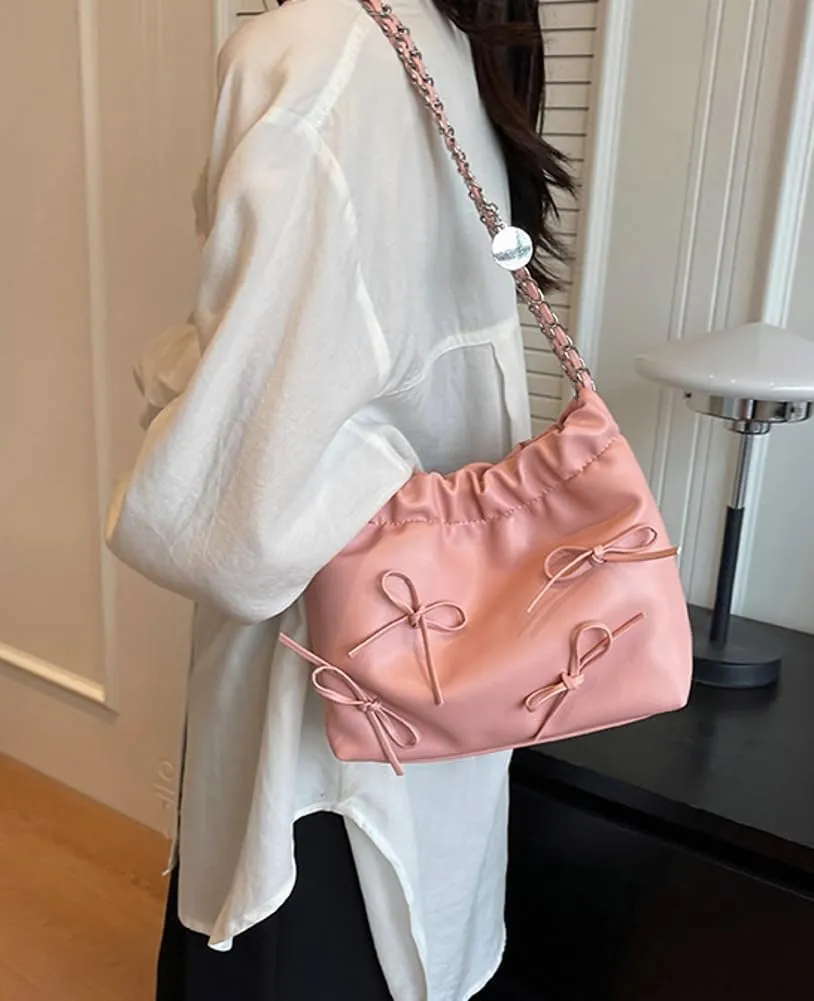 Women's Soft PU Leather Shoulder Bag Y2K Bow Bucket Totes Handbag Fashion Purse Satchel with Chain