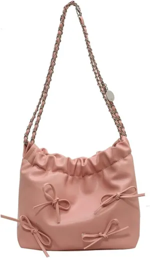 Women's Soft PU Leather Shoulder Bag Y2K Bow Bucket Totes Handbag Fashion Purse Satchel with Chain