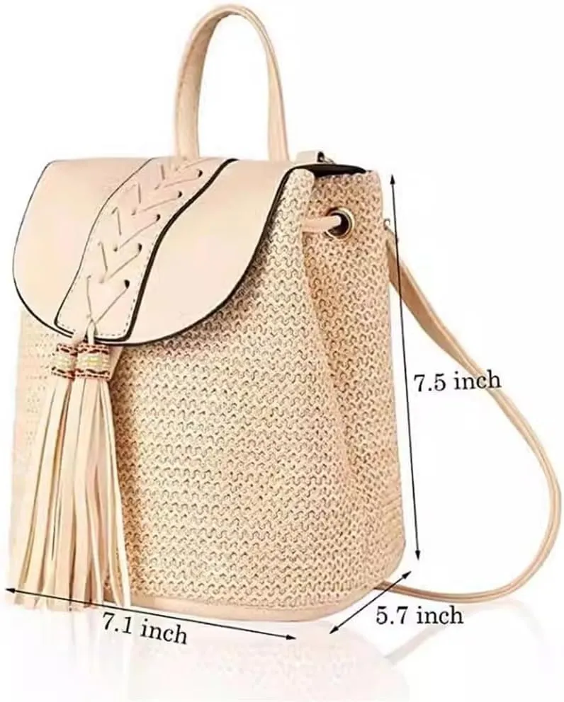 Women's Straw Backpack Women's Shoulder Bags Straw Bags Drawstring Bucket Bags Woven Backpacks(Beige)