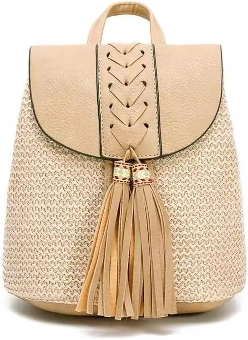 Women's Straw Backpack Women's Shoulder Bags Straw Bags Drawstring Bucket Bags Woven Backpacks(Beige)