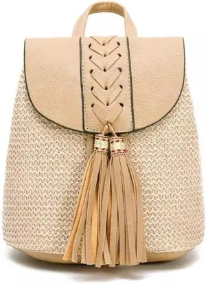 Women's Straw Backpack Women's Shoulder Bags Straw Bags Drawstring Bucket Bags Woven Backpacks(Beige)