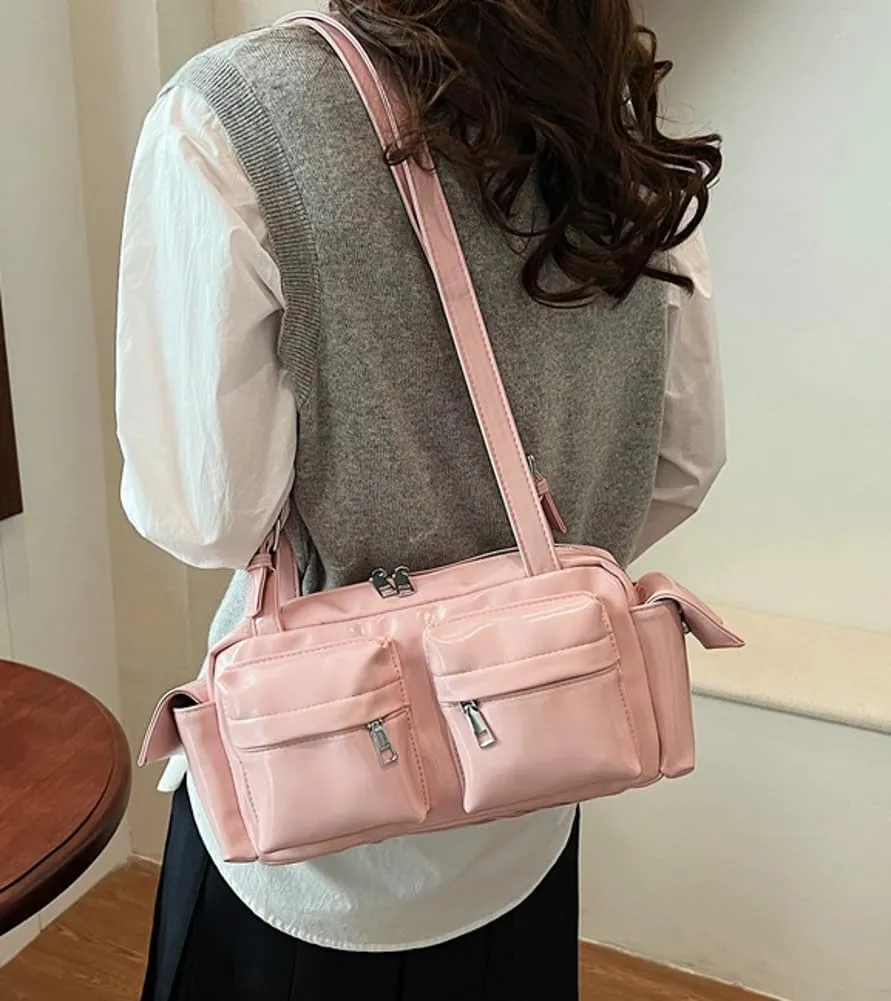 Womens Trendy Vegan Leather Shoulder Bag Large Vintage Y2k Tote Purse Handbag Multi Pocket Top Handle Satchels