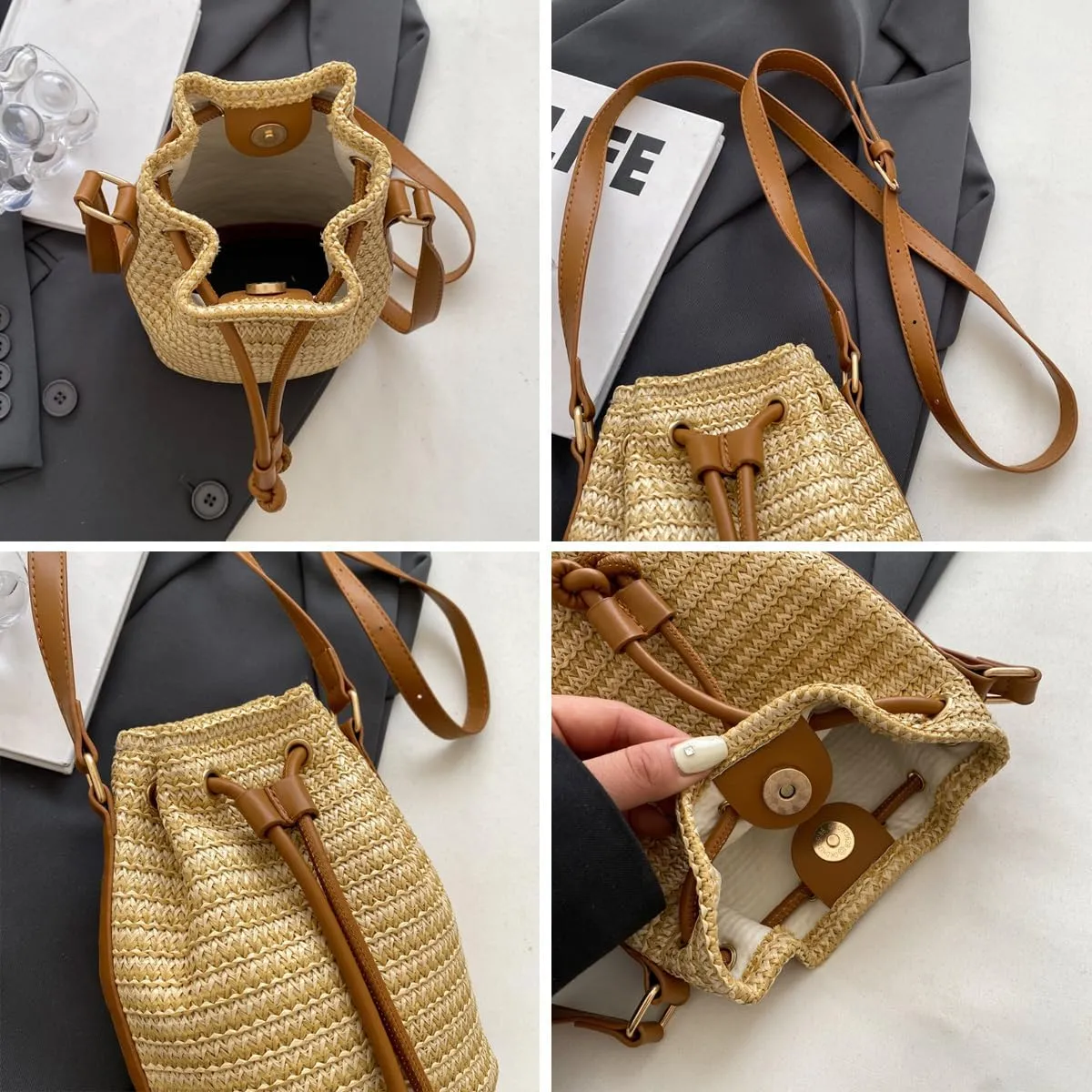 Y2k Beach Crochet Bucket Bags Drawstring Straw Bag Small Crossbody Purses Women Summer Cute Purse Trendy 2025