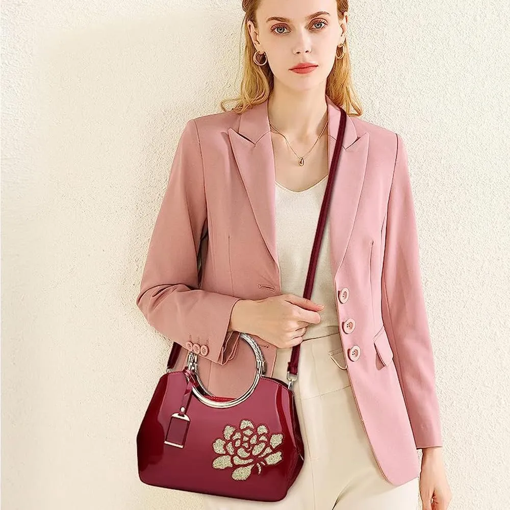 ZiMing Women Patent Leather Handbags Floral Embroid Purse Top Handle Handbag Evening Bags Satchel Shoulder Bag Gorgeous Totes