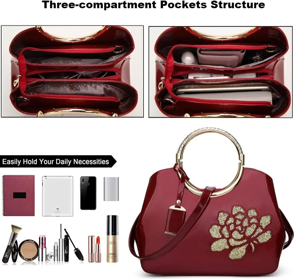 ZiMing Women Patent Leather Handbags Floral Embroid Purse Top Handle Handbag Evening Bags Satchel Shoulder Bag Gorgeous Totes
