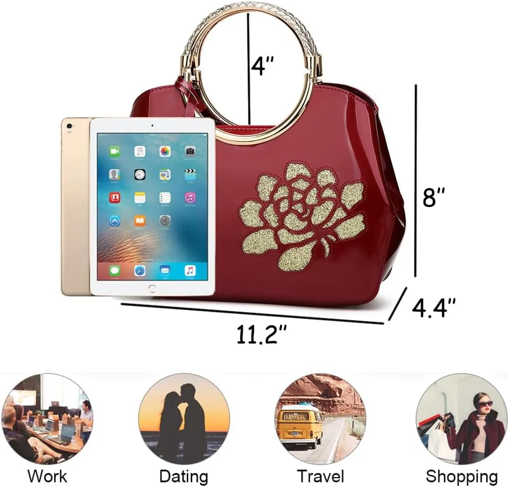 ZiMing Women Patent Leather Handbags Floral Embroid Purse Top Handle Handbag Evening Bags Satchel Shoulder Bag Gorgeous Totes