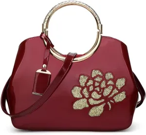 ZiMing Women Patent Leather Handbags Floral Embroid Purse Top Handle Handbag Evening Bags Satchel Shoulder Bag Gorgeous Totes