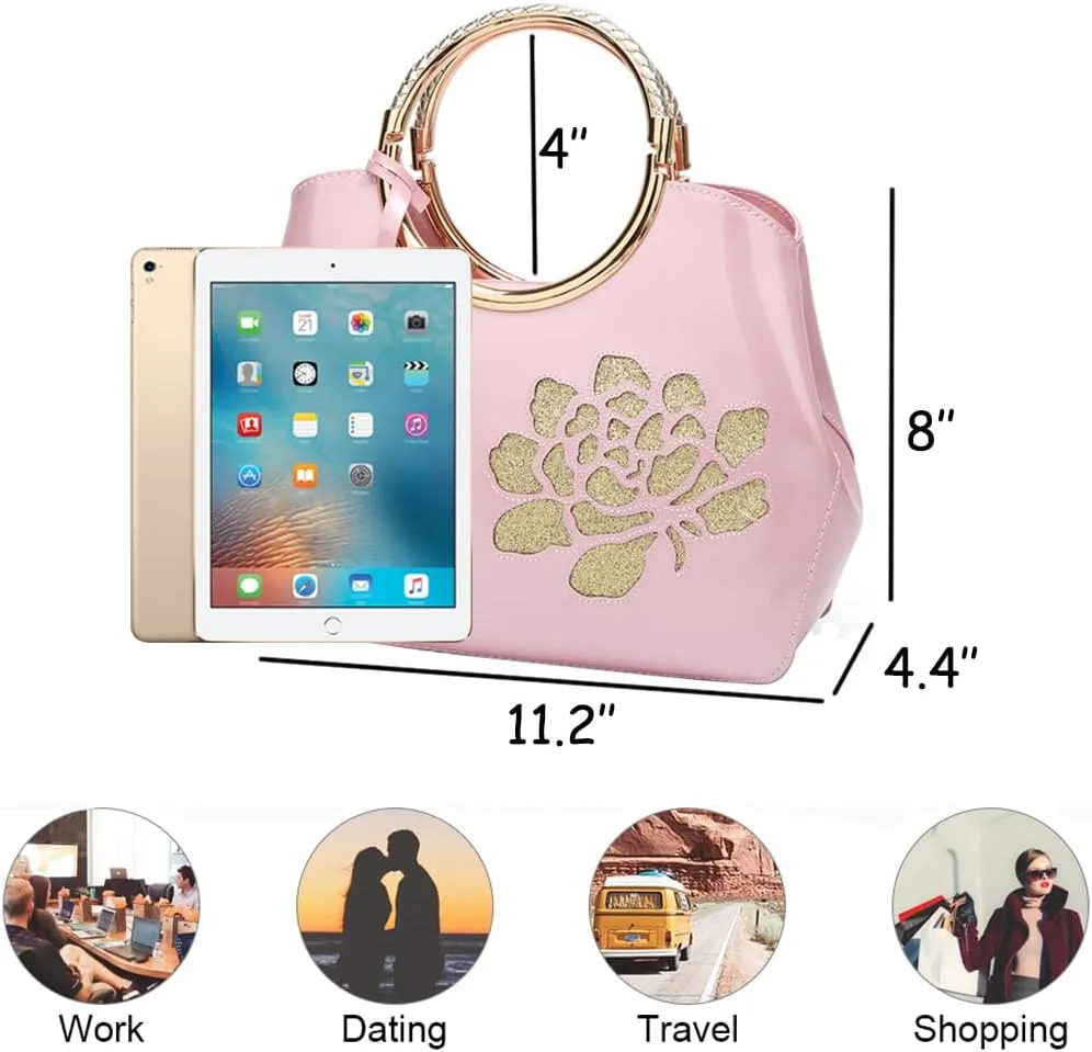 ZiMing Women Patent Leather Handbags Floral Embroid Purse Top Handle Handbag Evening Bags Satchel Shoulder Bag Gorgeous Totes